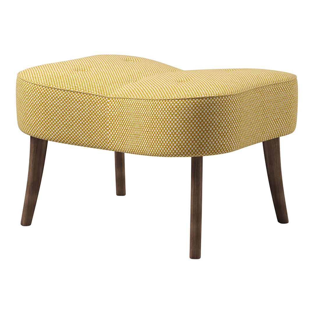 Yellow patterned ottoman with a tufted design and dark wooden legs, perfect for stylish home decor.
