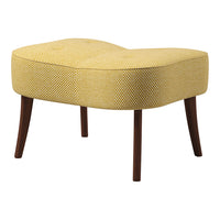 Yellow patterned ottoman with a textured surface and dark wooden legs, perfect for contemporary decor.