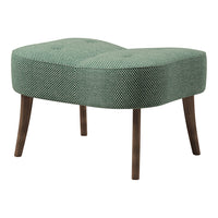 Green patterned tufted ottoman with wooden legs, featuring a unique heart shape design. Stylish and versatile accent furniture.