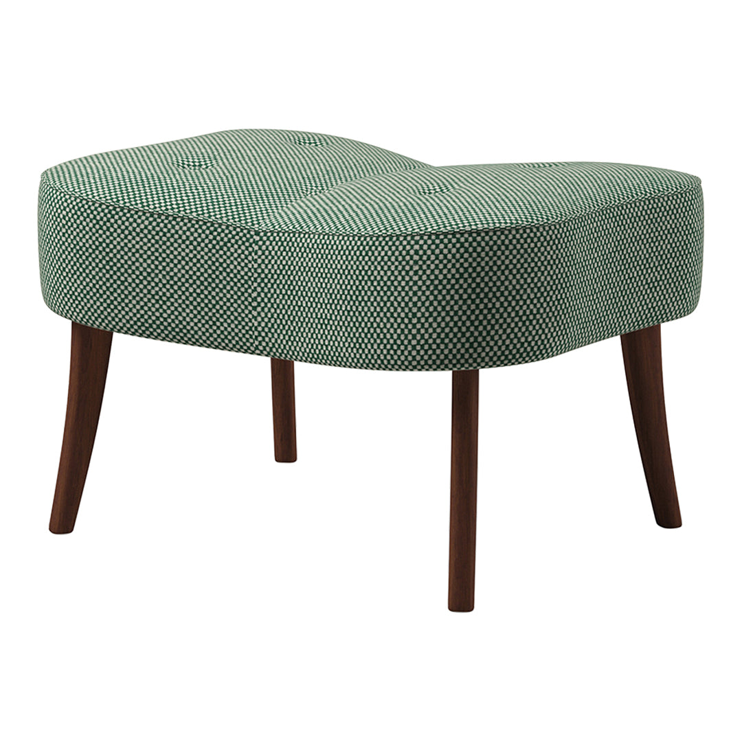 Green patterned ottoman with tufted design and dark wooden legs. Perfect for modern decor accents.