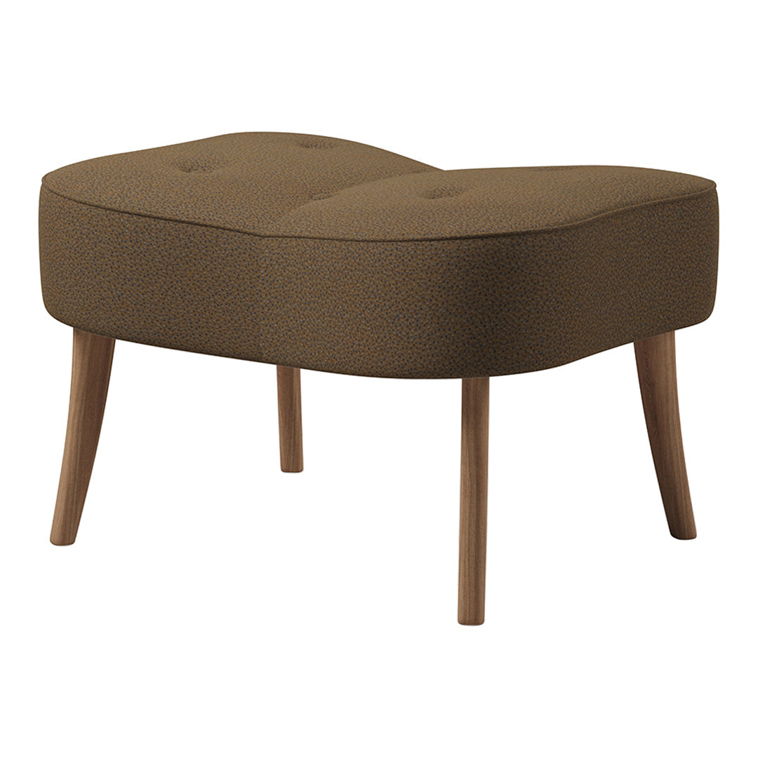 Brown upholstered ottoman with tufted design and wooden legs, featuring a smooth, modern silhouette.