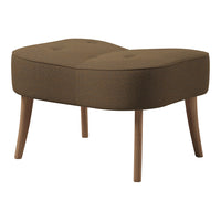 Brown upholstered ottoman with tufted design and wooden legs, featuring a smooth, modern silhouette.