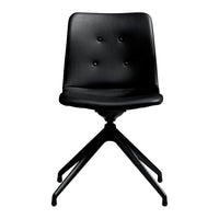 Black leather chair with button detailing and a metal base, featuring a sleek, minimalist design.