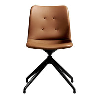 Brown upholstered chair with button details and a sleek black base, perfect for modern interiors.