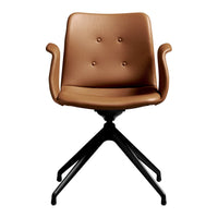 Brown leather chair with a sleek design, featuring button accents and a black base for modern elegance.