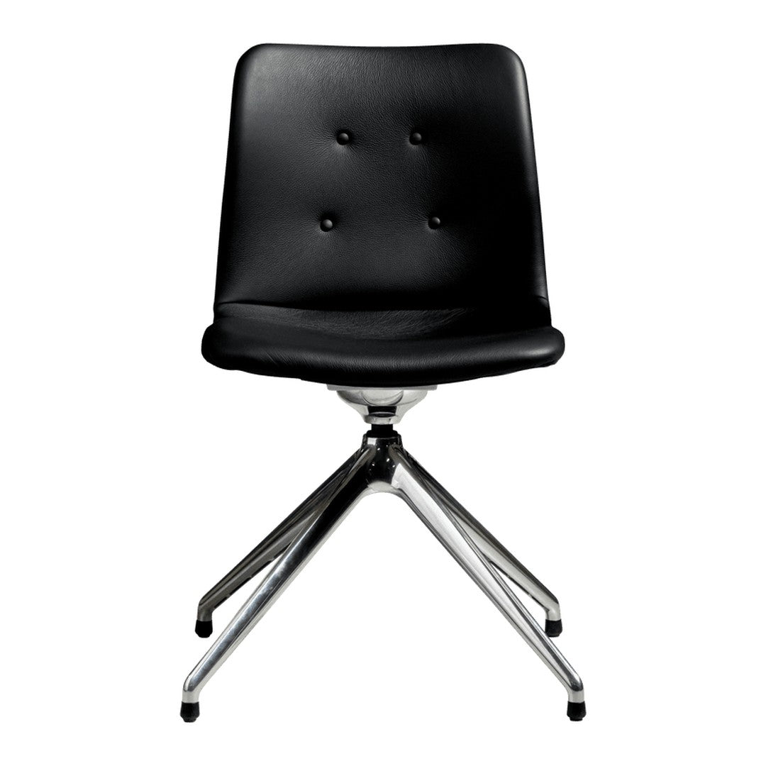 Black upholstered chair with a smooth finish and four chrome legs, featuring a button-tufted design.