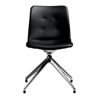 Black upholstered chair with a smooth finish and four chrome legs, featuring a button-tufted design.
