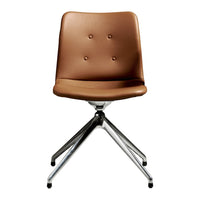 Brown leather chair with a smooth finish and button-tufted details on a sleek chrome base. Modern and stylish design.