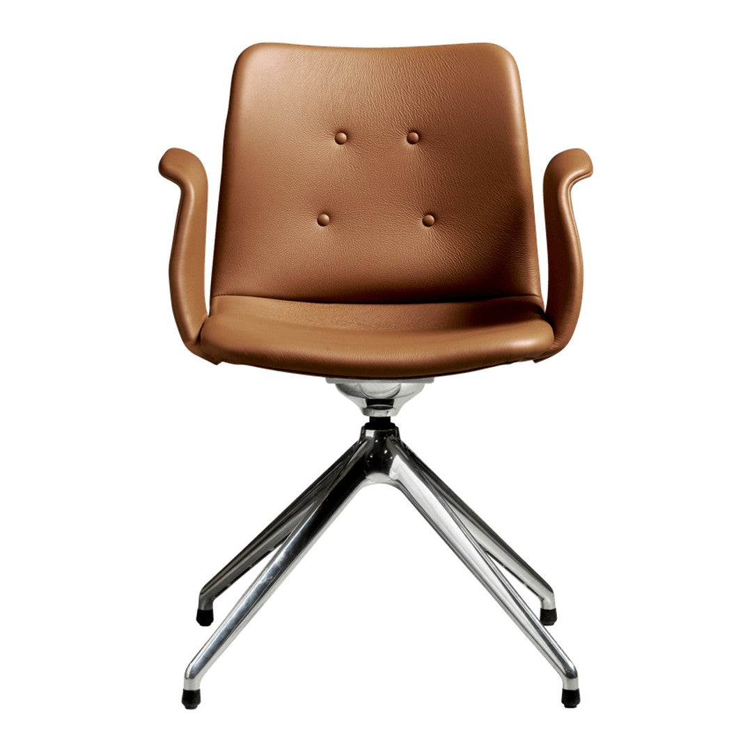 Brown leather chair with button accents, featuring a sleek chrome base and modern design elements.
