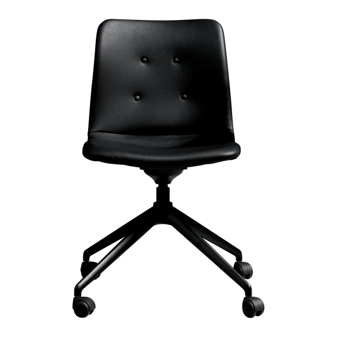 Black leather office chair with buttoned upholstery and a sleek, modern design on a rolling base.
