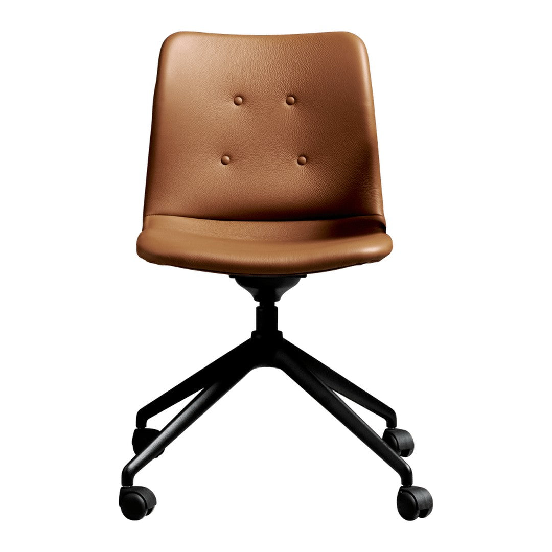 Brown faux leather office chair with a smooth finish and four buttons on the seat, on a black wheeled base.
