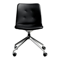 Black upholstered office chair with a smooth finish and tufted buttons, featuring a chrome base and wheels.
