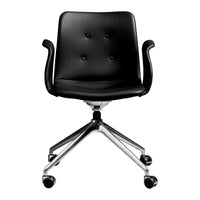 Black upholstered office chair with button-tufted back and chrome base, featuring sleek lines and modern design.