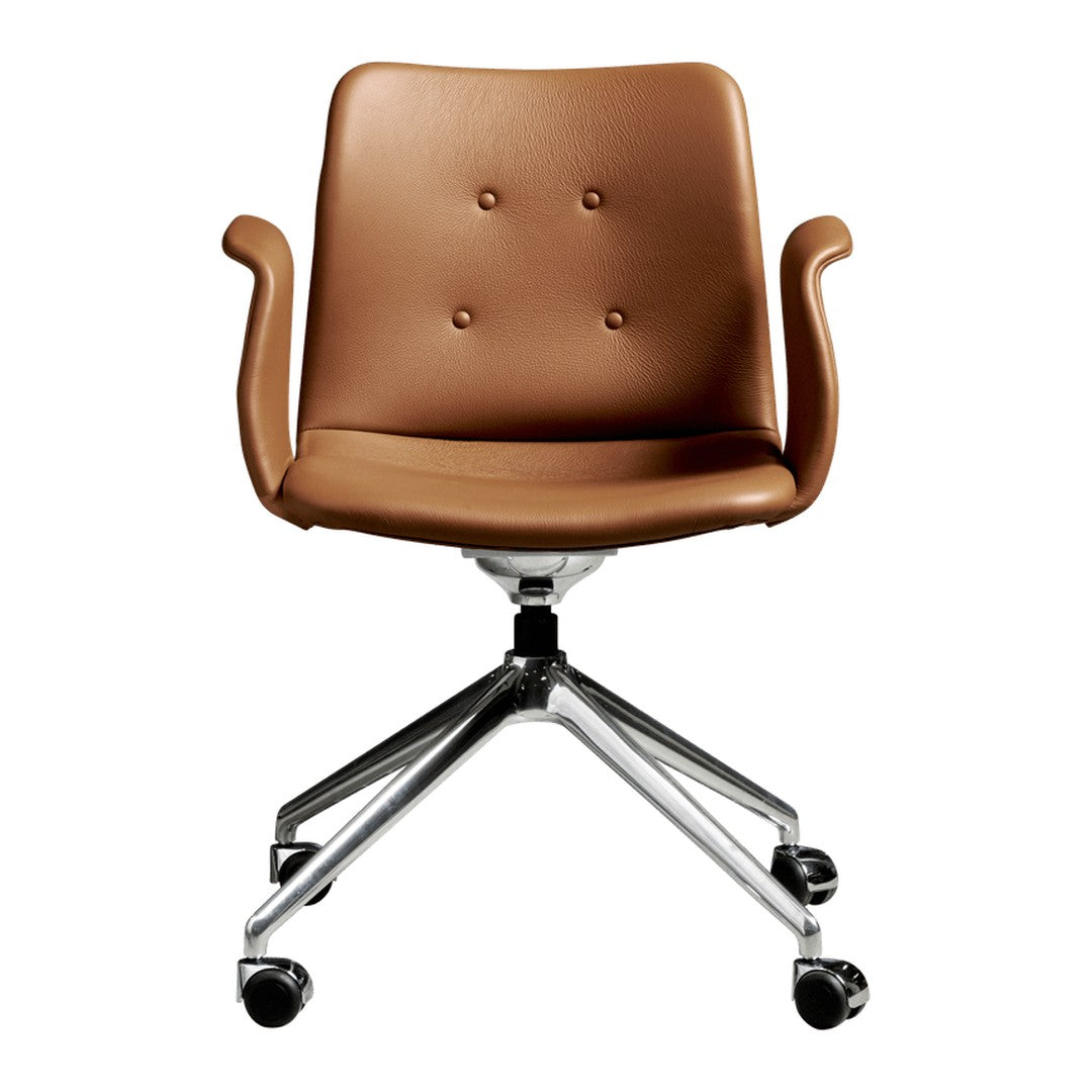 Brown faux leather office chair with button detailing and chrome base, featuring a sleek, minimalist design.