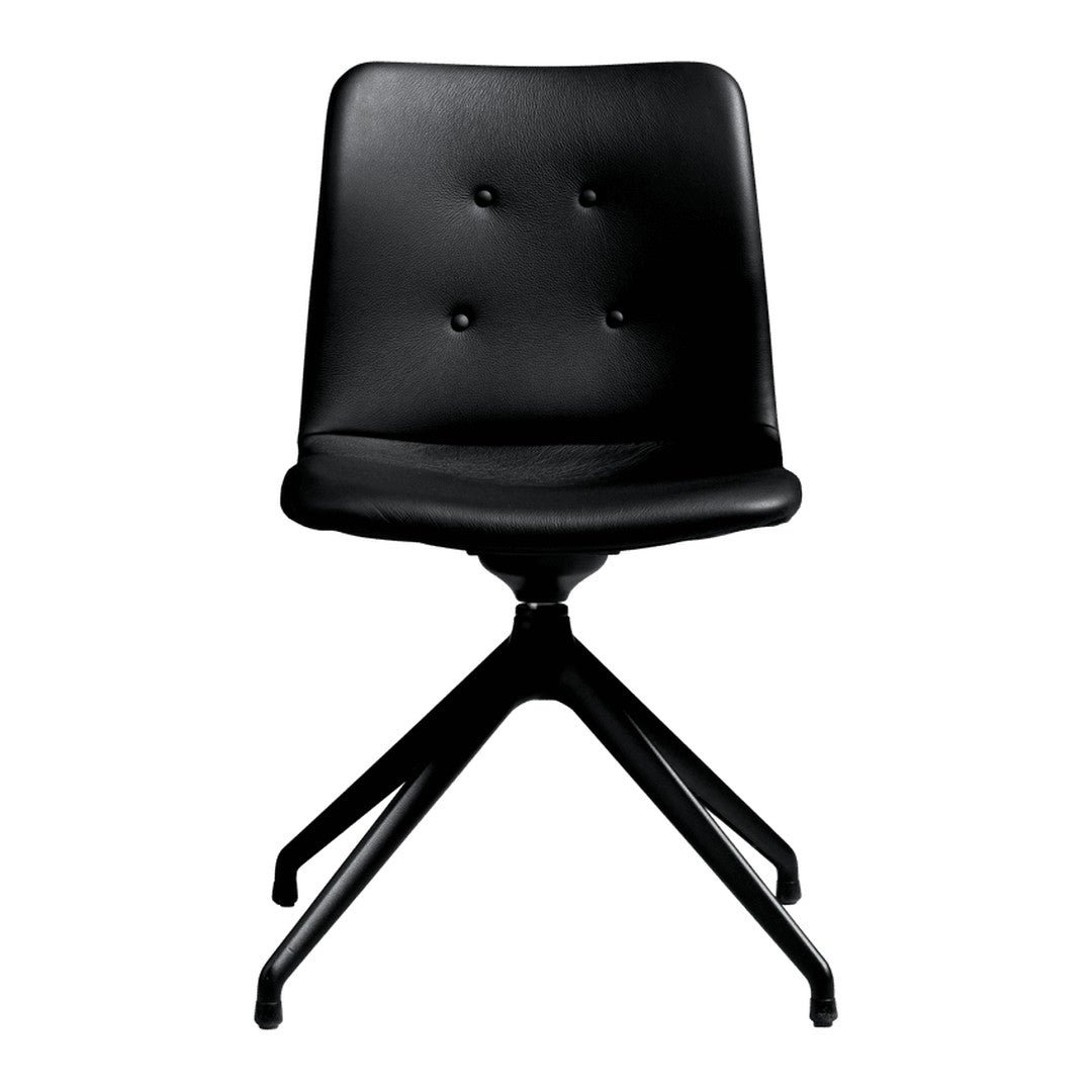 Black upholstered chair with button tufting and a sleek metal base, featuring a modern minimalist design.