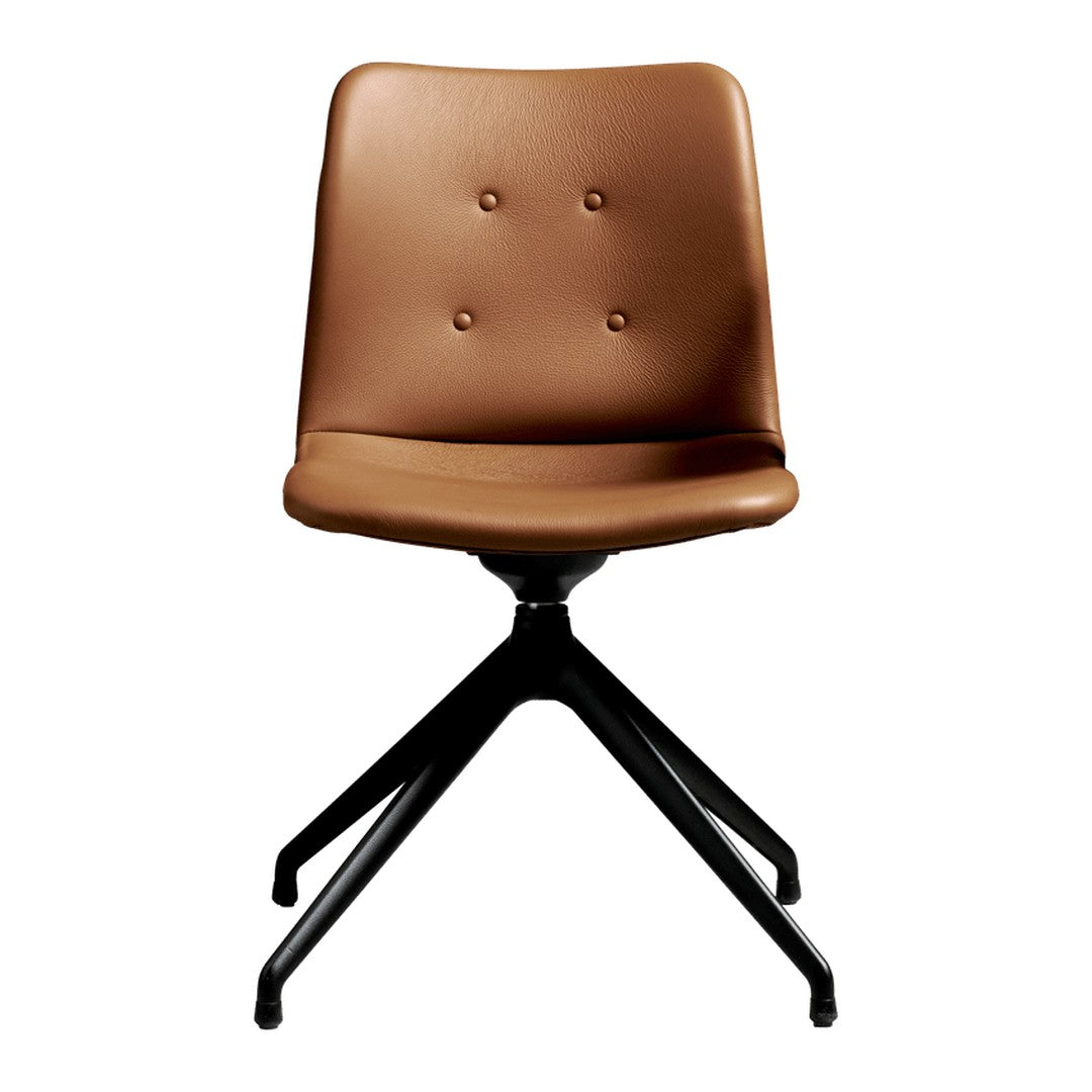 Brown upholstered chair with tufted detailing and sleek black metal base, perfect for modern decor.