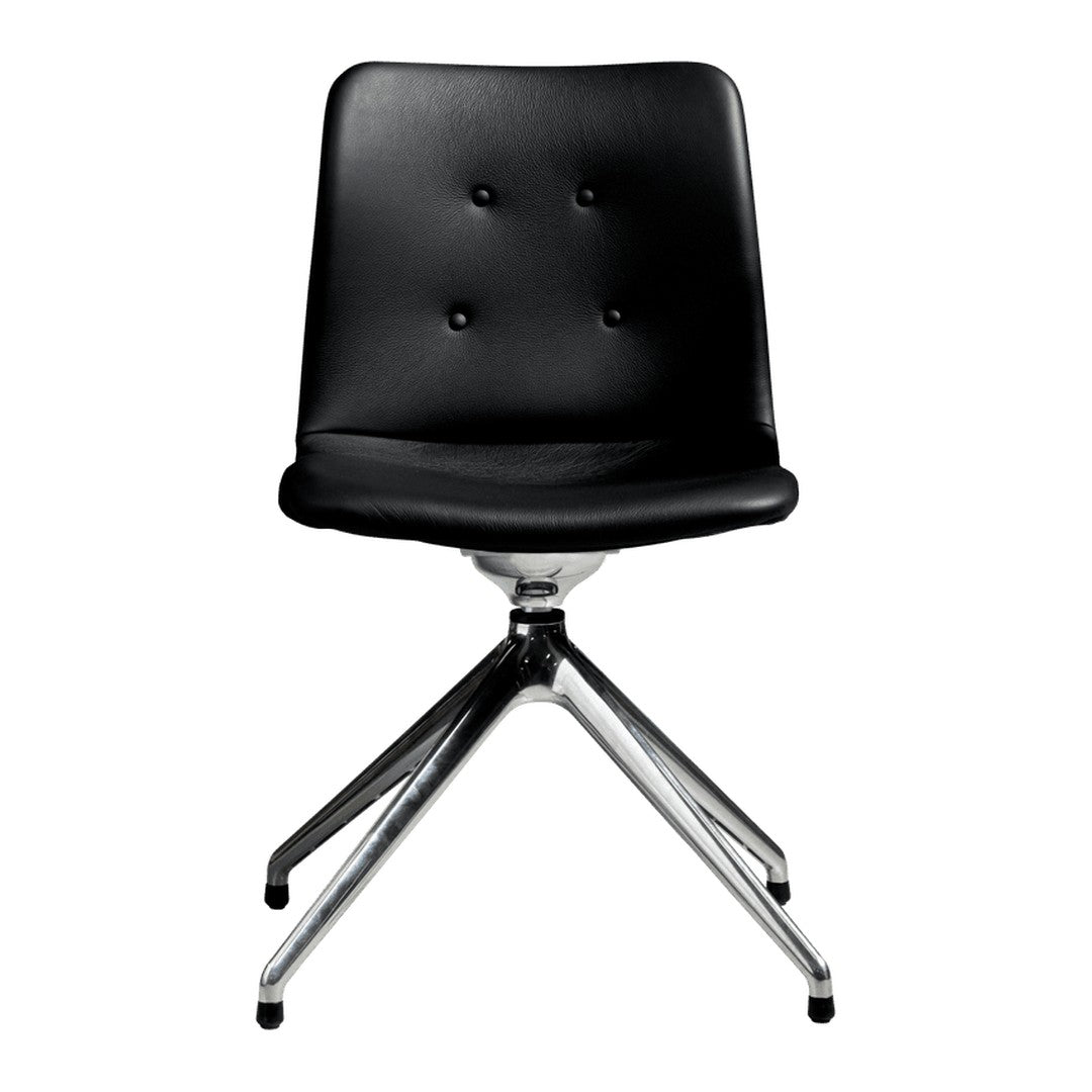 Black upholstered chair with button tufting and a sleek chrome base; modern and stylish design.