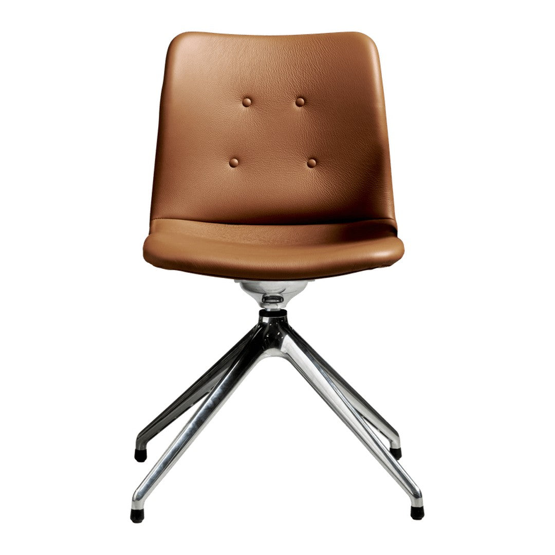 Brown leather chair with subtle button tufting and chrome base, featuring a modern, minimalist design.