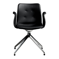 Black leather office chair with button tufting and chrome base, featuring a sleek, modern design.