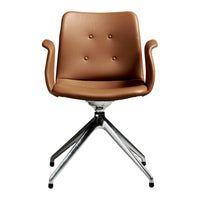 Brown faux leather chair with button detailing and chrome base, featuring a modern, sleek design.