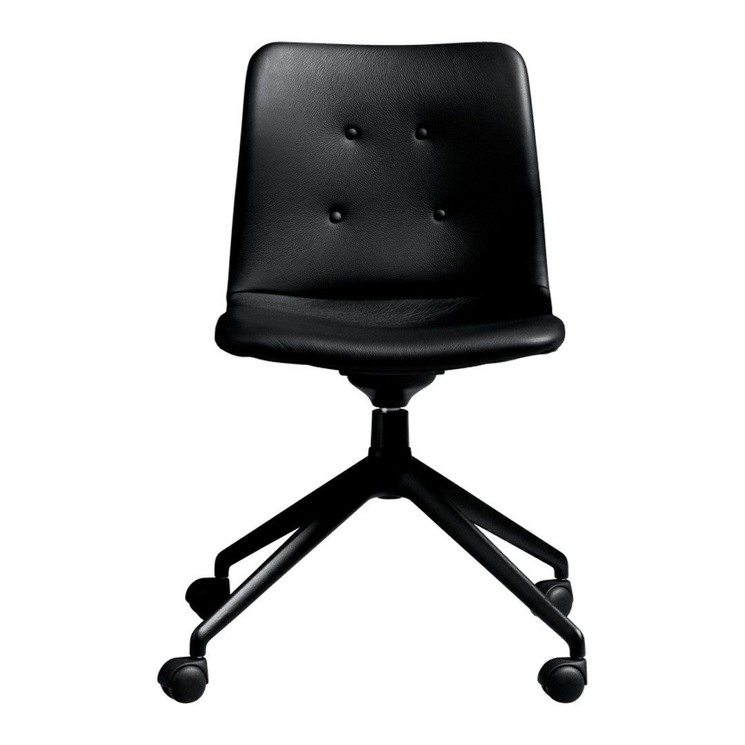 "Black upholstered office chair with button tufting and chrome base, featuring a sleek, modern design."
