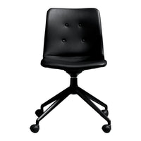 "Black upholstered office chair with button tufting and chrome base, featuring a sleek, modern design."