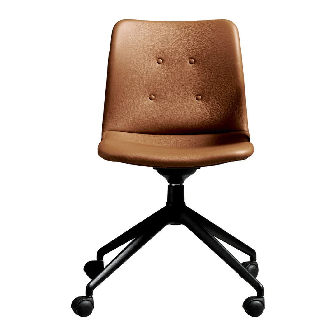 Brown faux leather swivel chair with button-tufted detail and a sleek black base. Ideal for modern office decor.