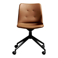 Brown faux leather swivel chair with button-tufted detail and a sleek black base. Ideal for modern office decor.