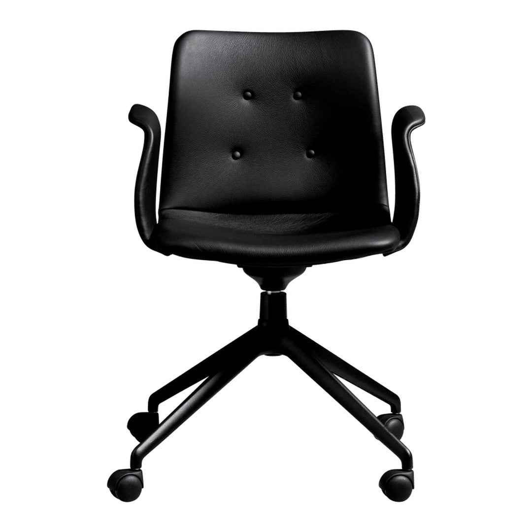 Black modern swivel chair with a smooth finish and button tufting pattern. Perfect for stylish office spaces.