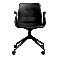 Black modern swivel chair with a smooth finish and button tufting pattern. Perfect for stylish office spaces.