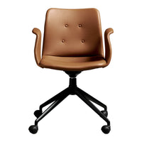 Brown upholstered office chair with a sleek design, featuring a smooth surface and button tufting details.