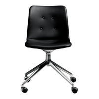 Black leather office chair with chrome base, featuring a smooth finish and button-tufted design.