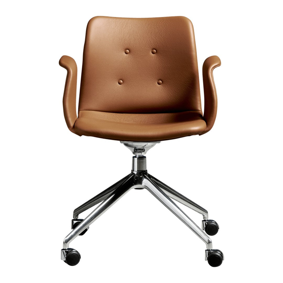 Brown leather office chair with a smooth texture and button accent, featuring a chrome base and rolling wheels.