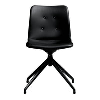 Black leather chair with a sleek design, featuring a buttoned back and a modern black metal base. 