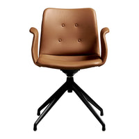 Brown faux leather swivel chair with button-tufted back and black metal base, featuring a modern minimalist design.
