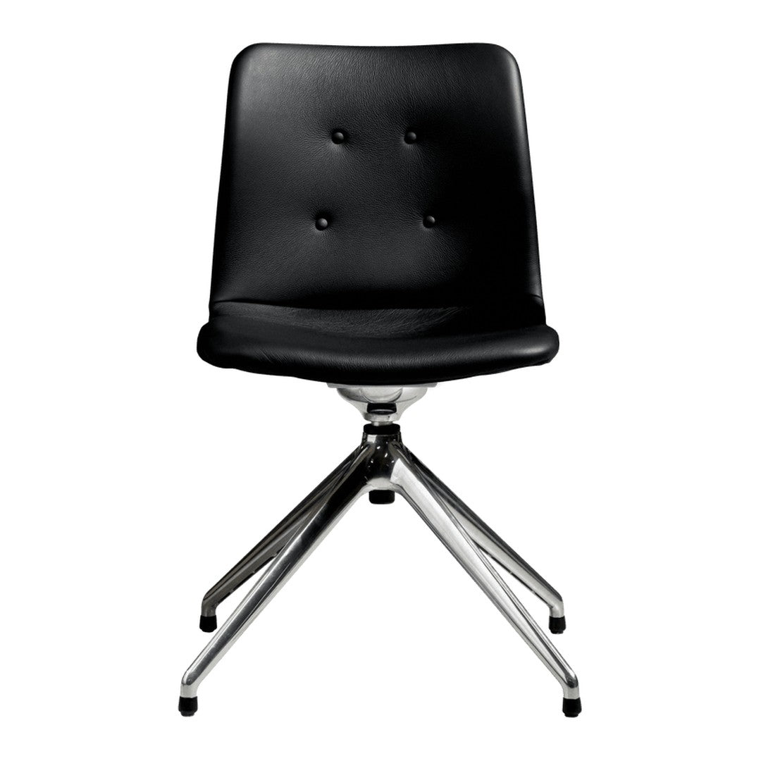Black faux leather chair with button-tufted detailing and a sleek chrome base. Modern, minimalist design.