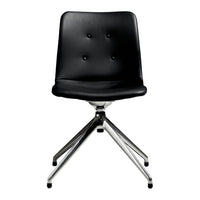 Black faux leather chair with button-tufted detailing and a sleek chrome base. Modern, minimalist design.