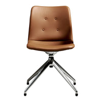 Brown leather chair with four chrome legs and button tufting, perfect for modern decor.