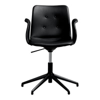 Black swivel office chair with a smooth leather finish and button-tufted seat design. Modern and sleek aesthetic.