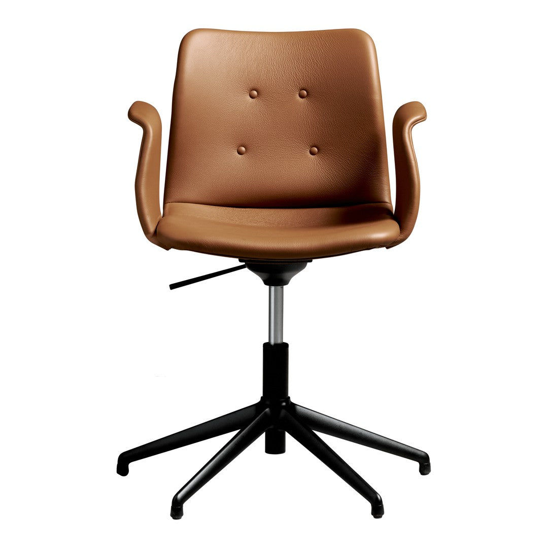 Brown leather swivel chair with black base and subtle button detailing for a modern, stylish accent.