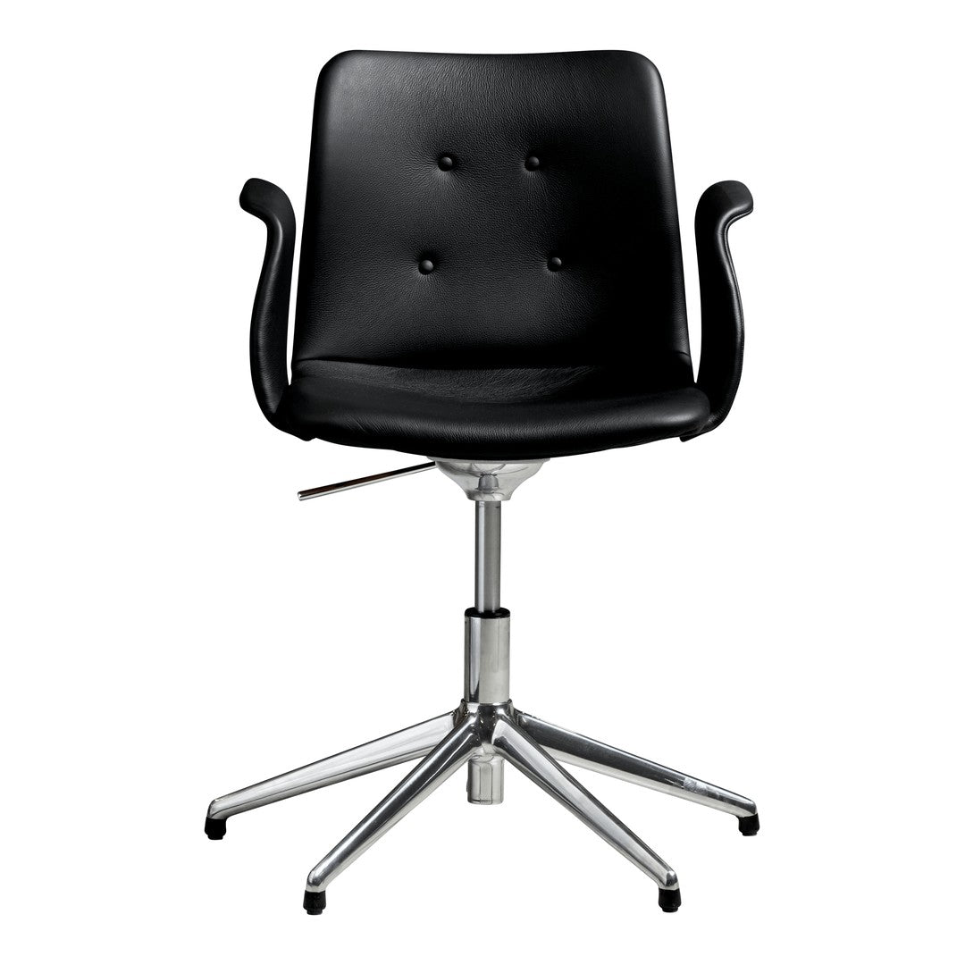 Black upholstered office chair with chrome base, featuring a smooth finish and button-tufted design.