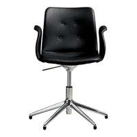 Black upholstered office chair with chrome base, featuring a smooth finish and button-tufted design.