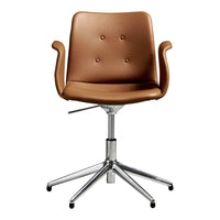 Brown leather office chair with a smooth finish and button tufting, set on a chrome swivel base.
