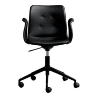 Black swivel office chair with button-tufted pattern and sleek modern design, featuring a polished black base and wheels.