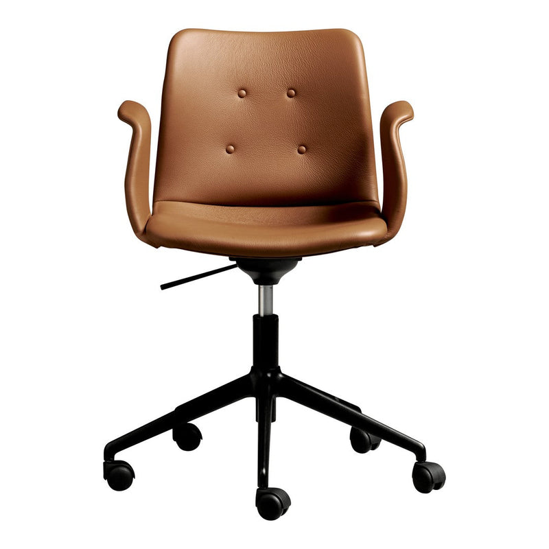 Brown faux leather office chair with button detailing and a sleek black base, featuring five wheels for mobility.