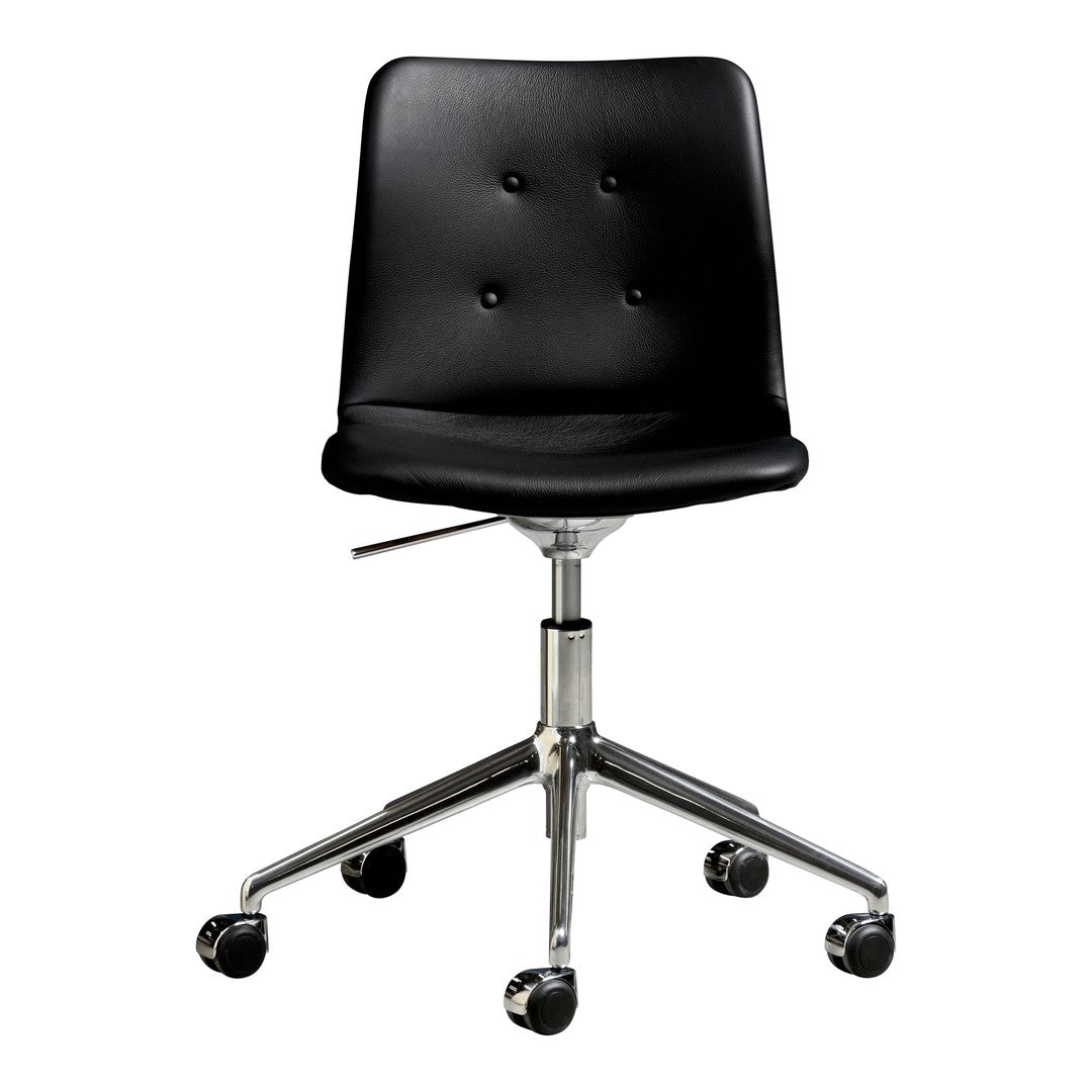 Black leather office chair with button tufting and a chrome base on rolling wheels. Modern, sleek design.