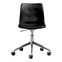 Black leather office chair with button tufting and a chrome base on rolling wheels. Modern, sleek design.