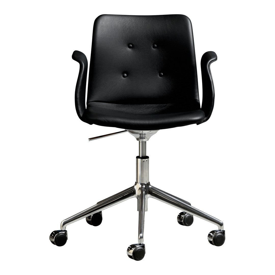 Black upholstered office chair with button detailing and chrome base, featuring a sleek minimalist design.