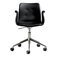 Black upholstered office chair with button detailing and chrome base, featuring a sleek minimalist design.