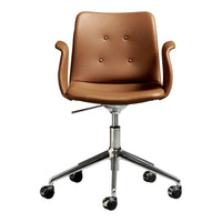 Brown faux leather office chair with button detailing and a chrome base, featuring a smooth, modern design.